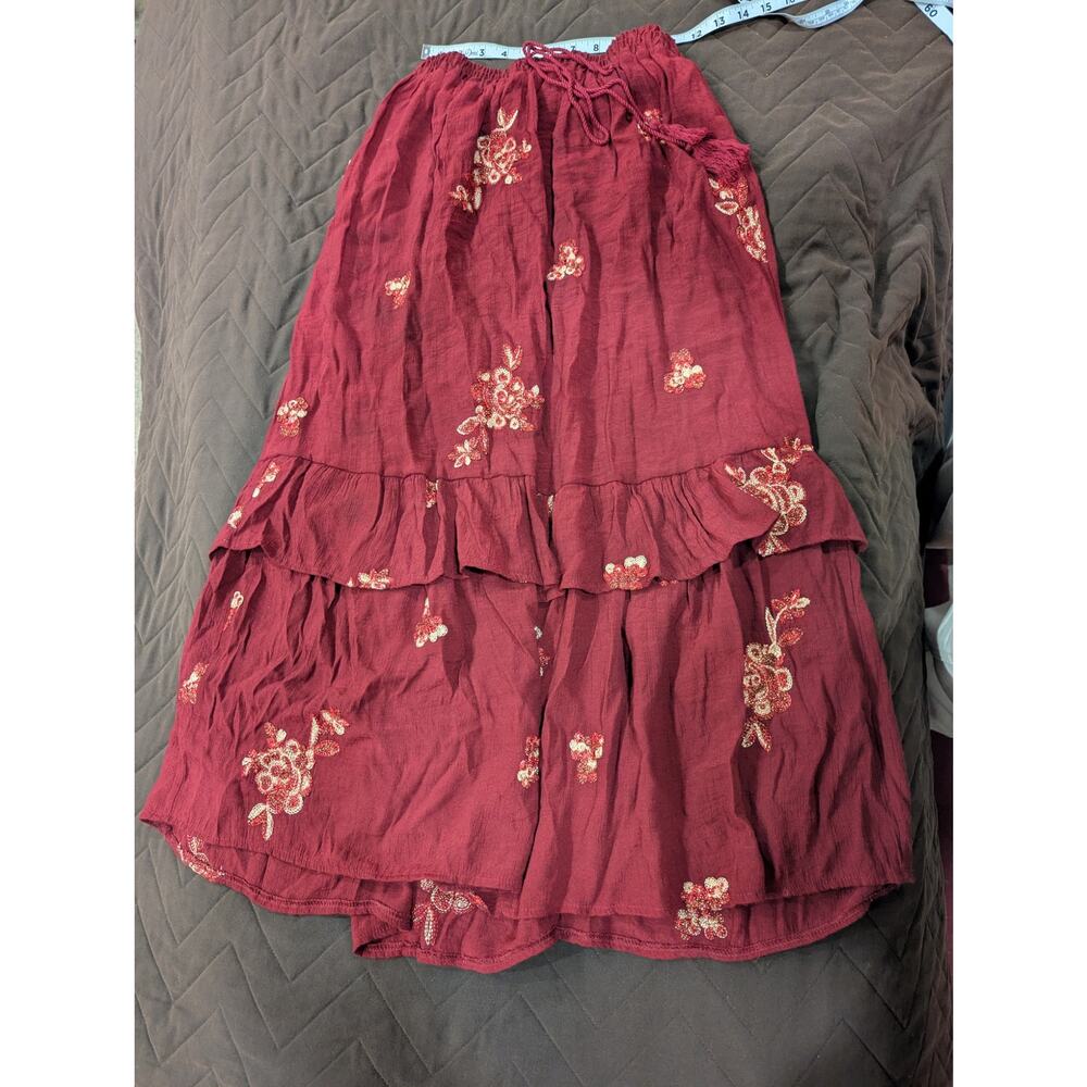 Gorgeous wine colored tiered maxi skirt w/fringe drawstring & floral appliques